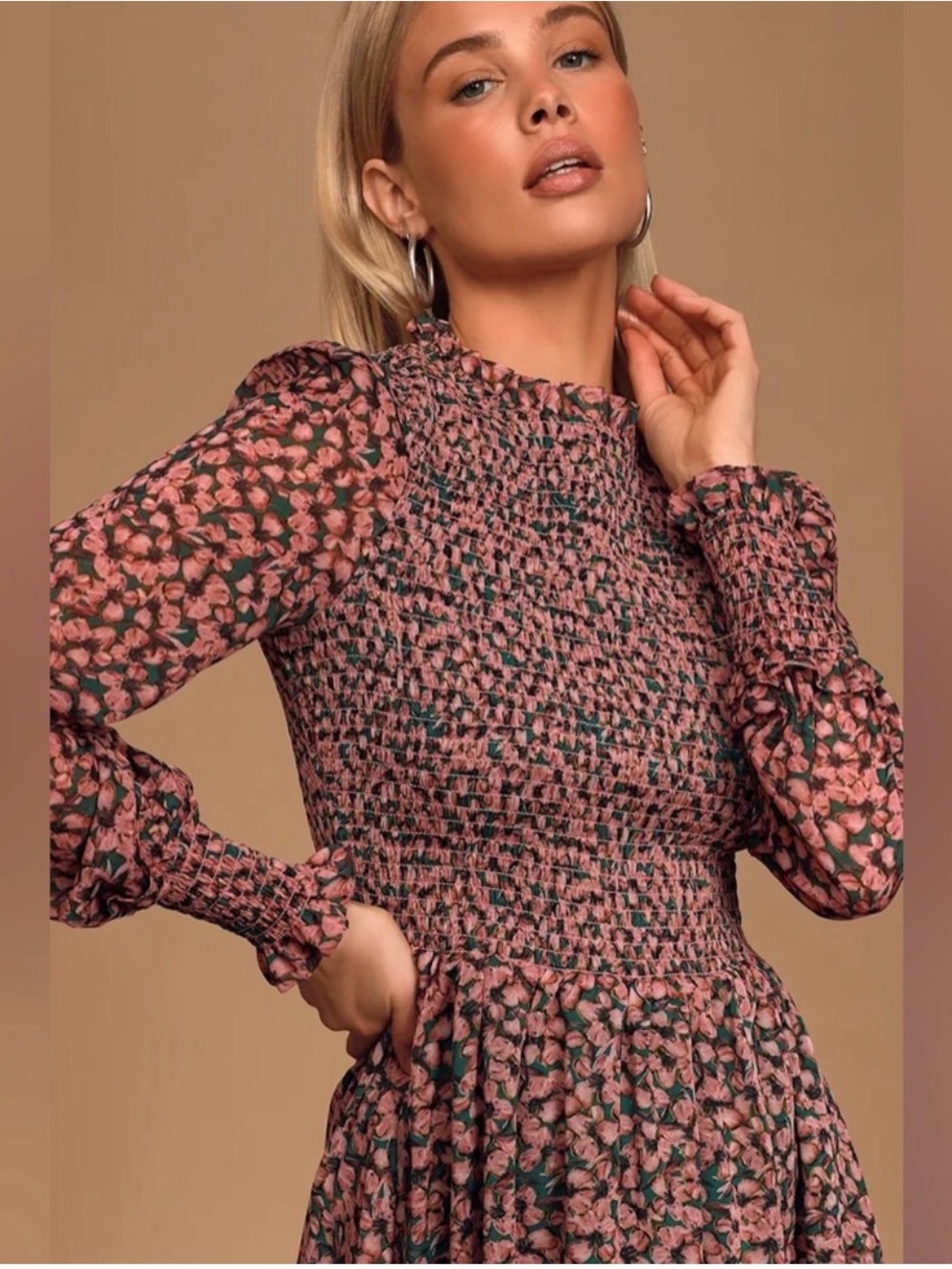 Lulu's Dusty Pink Floral Smocked Long-Sleeve Mini Dress - Picture 3 of 7